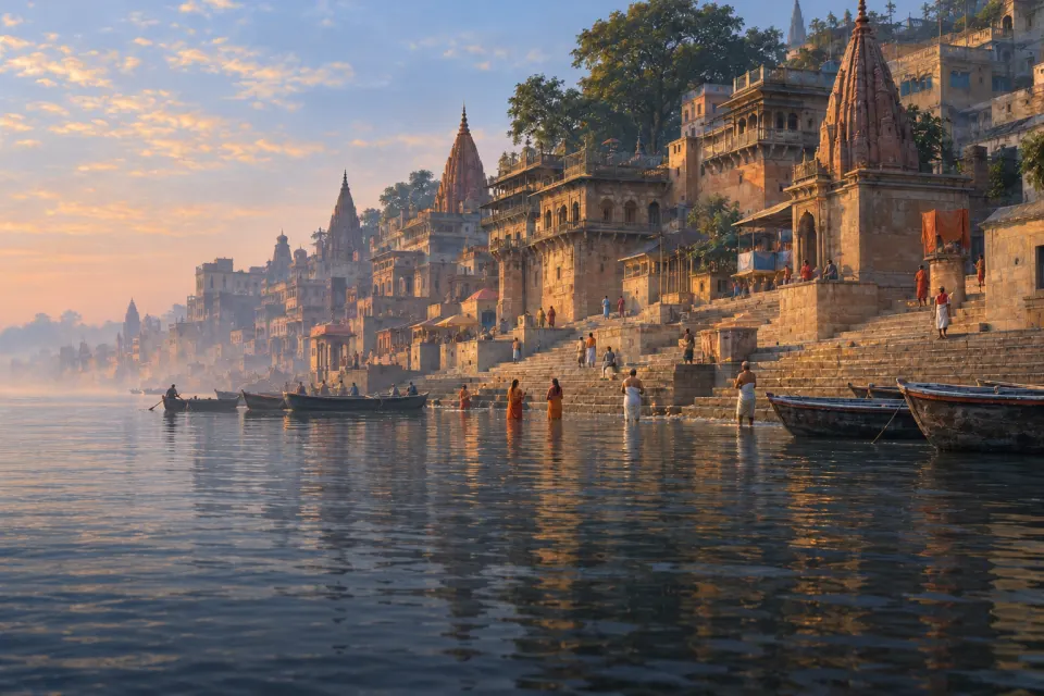 The stone ghats of Varanasi on the Ganges, pilgrims bathing in the river, wooden boats and temple spires along the bank, misty blue dawn with the first light on the water