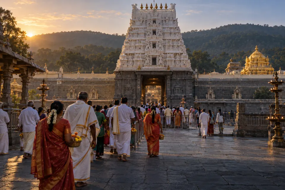 Pilgrims in saris and dhotis queuing for darśan, flowers and incense in hand, in the gopuram courtyard of Tirumala Venkateswara Temple, Andhra Pradesh, brass lamps, early morning light