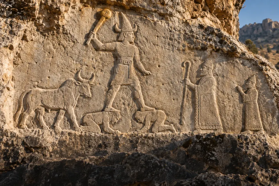 The Hittite weather god Tarhun with club and thunderbolt standing on mountain peaks beside a bull, a king and priest in worship, as a Late Bronze Age Anatolian rock relief, hard daylight