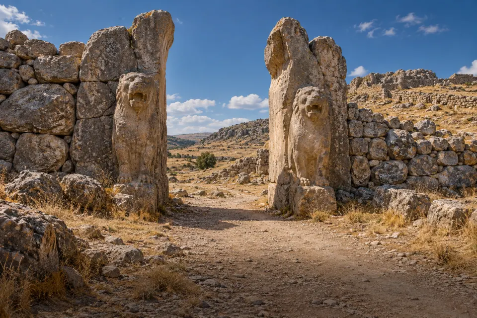 The Lion Gate and long stone fortification walls of Hattusa climbing the ridge on the Anatolian plateau, dry grass, hard clear noon sun