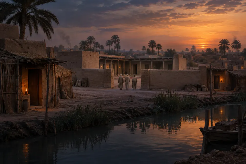 Basra as a late 7th-century garrison city: mud-brick and reed houses, a small early mosque and date palms by the Shatt al-Arab, a few hooded men small at a distance, amber lamp-lit dusk