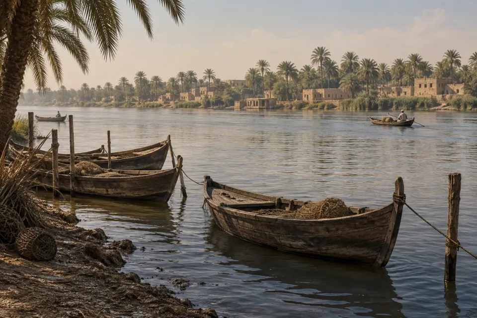 The Shatt al-Arab at Basra, Iraq: wooden boats moored along the river bank, date palm groves and low brick houses, dust-hazed midday under a pale sky