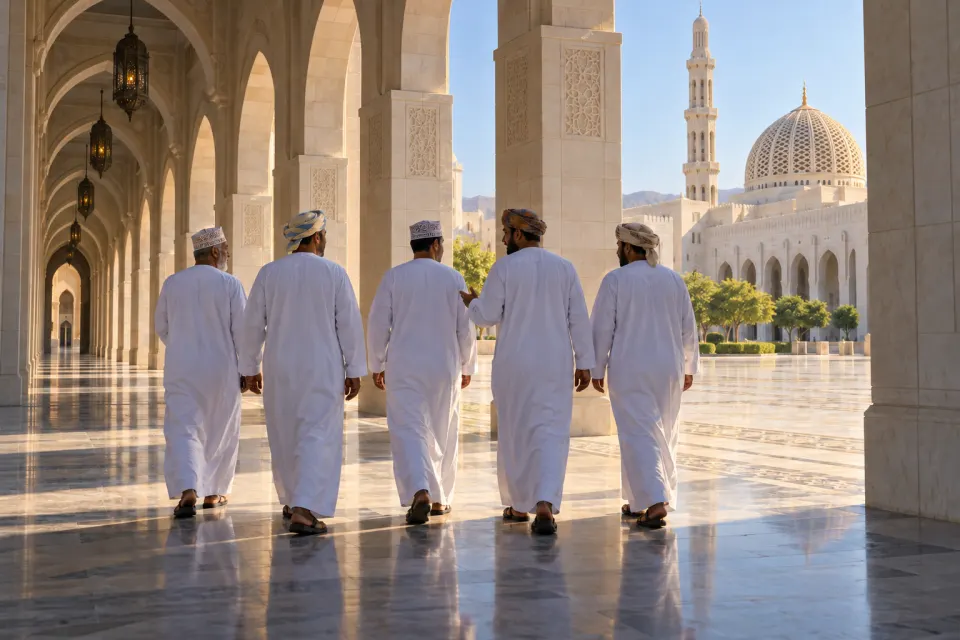 Omani men in white dishdashas, embroidered caps and turbans walking together through the arcades of the Sultan Qaboos Grand Mosque, Muscat, Ibadi, Sunni and Shia alike, bright morning