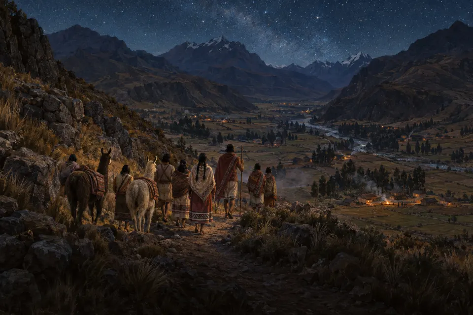 A small band of early Inca ancestors with llamas seen from behind, led by their founder Manco Capac, descending into the empty Cuzco valley from Paqari-tampu, cooking fires and Andean stars, jewel-toned night