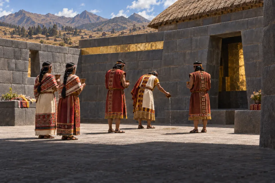 Inca priests in fine tunics and Chosen Women in woven wrappers offering maize beer to the sun in the gold-sheathed courtyard of the Coricancha, Cuzco, c. 1500, seamless ashlar walls, noon light