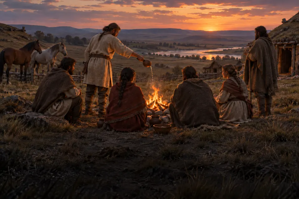 Bronze Age pastoralists around an open fire ritual on a grassy plain, c. 2000 BCE, a priest pouring a libation from a ladle into the flames, felt tents and horses behind, firelight at dusk