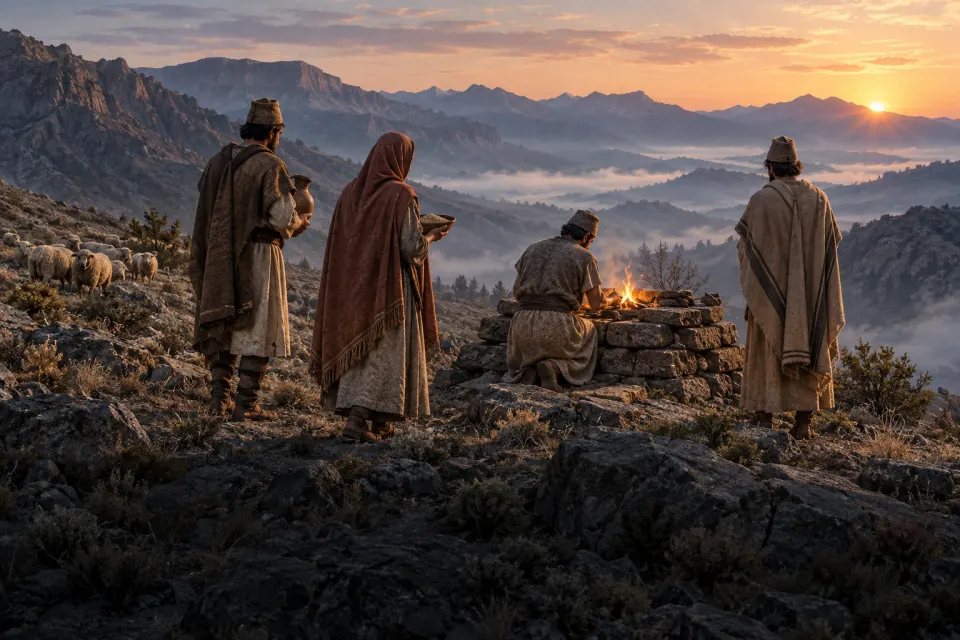 Iranian villagers in wool and felt making offerings at an open-air stone altar on a mountain ridge, first millennium BCE, flocks behind them, misty dawn light
