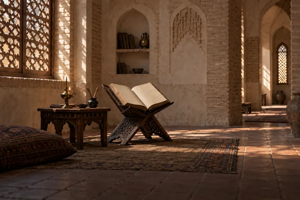 Illustration · AI-generated A manuscript of the Iḥyāʾ on a carved lectern in a Nishapur madrasa, 11th century, brass lamp, reed pens and ink beside it, light falling through a lattice onto the tiled floor