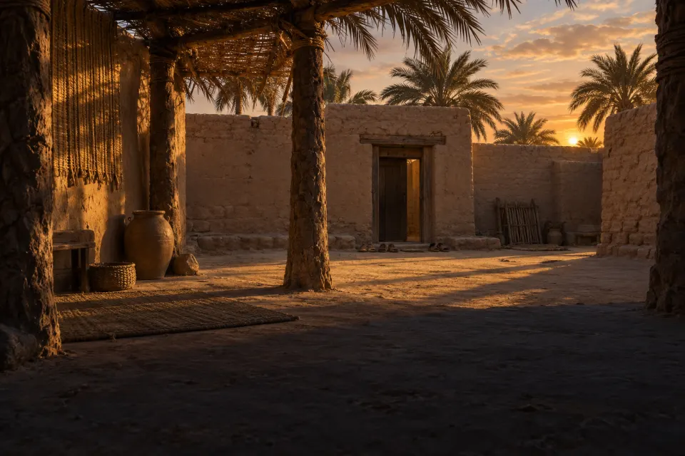 Illustration · AI-generated An empty mud-brick courtyard of palm-trunk pillars and thatched shade in 7th-century Medina, a row of worn sandals by a low doorway, long evening shadows, no people