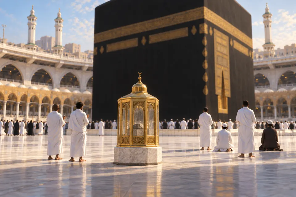 Illustration · AI-generated Maqām Ibrāhīm, the gold-framed glass enclosure beside the Kaʿba, pilgrims praying behind it on the white marble floor of the Sacred Mosque, seen from behind, bright morning light
