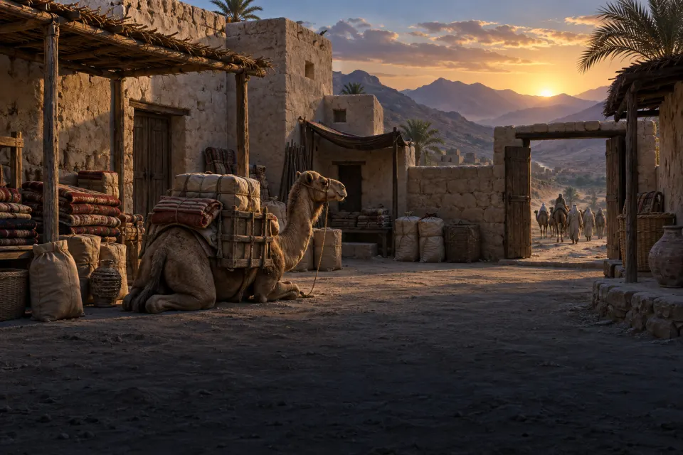 A merchant's courtyard house in 6th-century Mecca, bales of trade goods and a kneeling camel, a caravan setting out toward Syria at dawn, drivers far off, desert hills, cool morning light