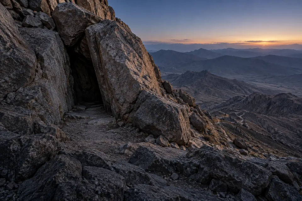 The rocky summit of Mount Ḥirāʾ above Mecca with the small dark mouth of its cave, Arabian desert below, no one visible, cold blue pre-dawn mist