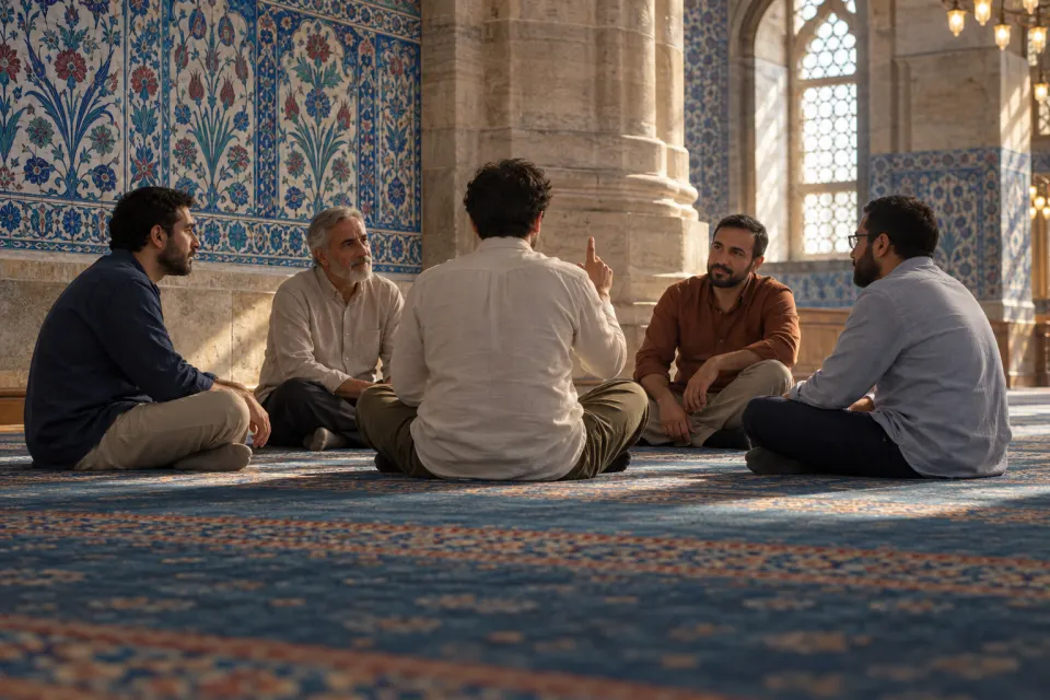 A young convert seen from behind raising his index finger among a small circle of men in a mosque, Sultanahmet (Blue) Mosque, Istanbul, Iznik tiles behind, soft daylight, calm floor in front