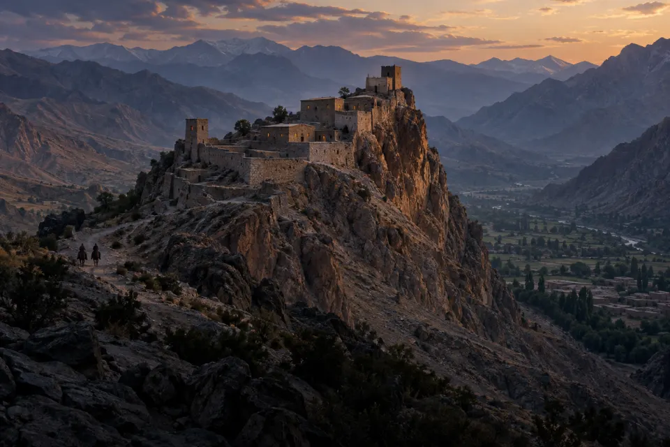 The rock fortress of Alamūt in the Alborz mountains, 1090s, walls and towers on a steep spur above a green valley, lit windows at dusk, a few riders small on the path, jewel-toned light
