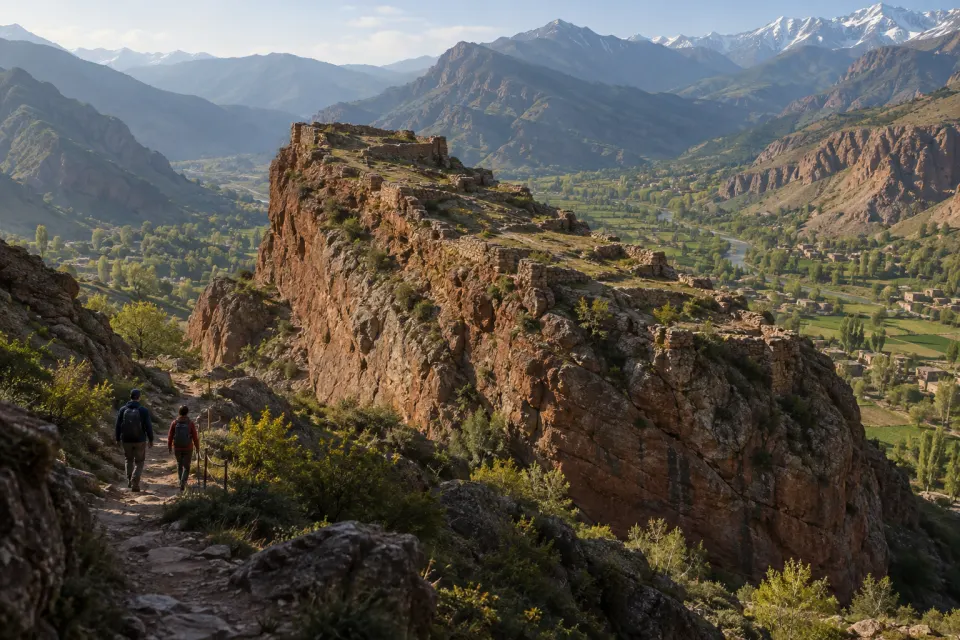 The ruined walls of Alamūt on its rock spur in the Alborz mountains of northern Iran, hikers small on the path, spring snowmelt valley, clear morning light