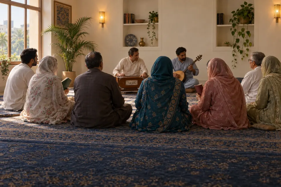 Nizārī Ismaili men and women in present-day South Asian dress seated on carpets in a plain jamatkhana in Karachi, singing ginans from small books, soft lamplight, calm foreground