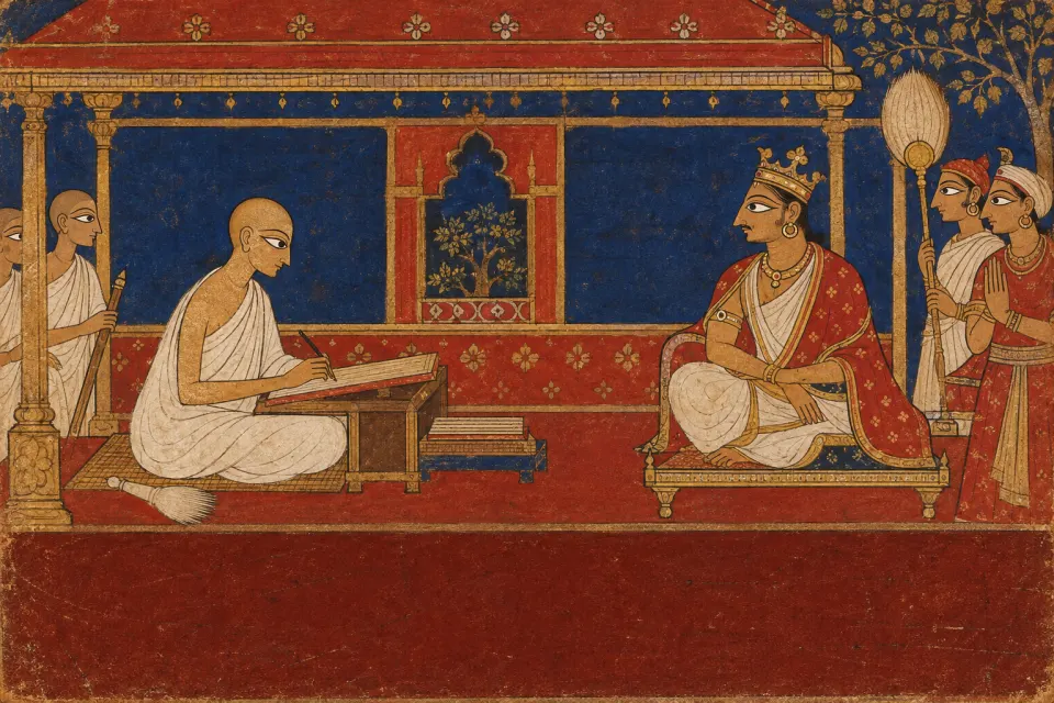 Hemacandra, a white-robed Śvetāmbara monk, writing a Sanskrit history beside a seated Caulukya king in a Gujarat court, as a 15th-century Jain manuscript painting