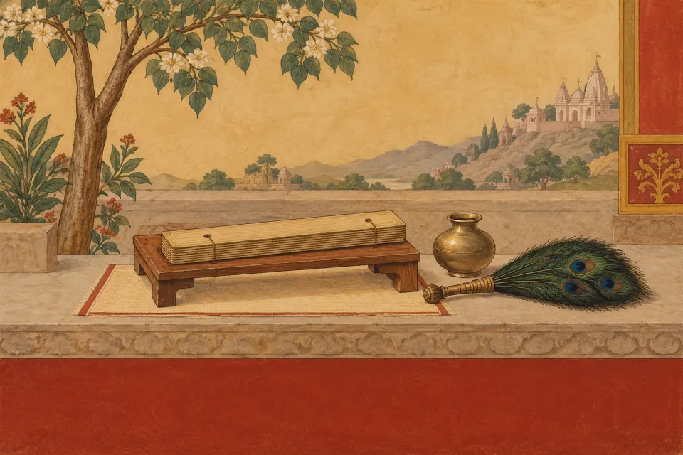 Illustration · AI-generated Kundakunda, a Digambara teacher, seated beside a peacock-feather broom and palm-leaf Prakrit manuscript, as a 17th-century Rajasthani Jain miniature, pale ochre ground