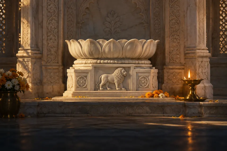 Illustration · AI-generated Mahāvīra seated in meditation on a lotus pedestal with a lion emblem, as a white marble Jain temple icon in a Rajasthan shrine, oil-lamp light