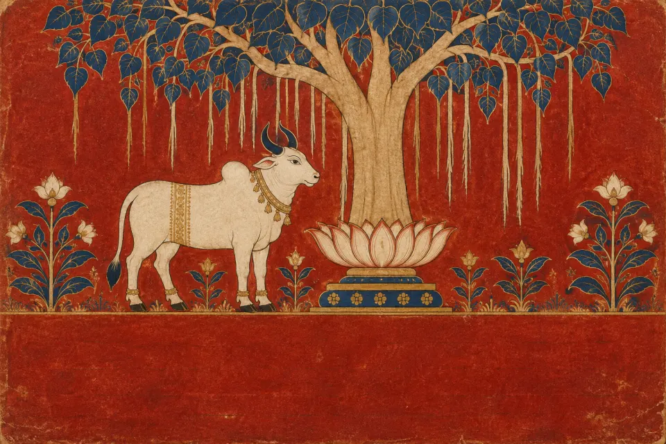 Ṛṣabha, first Tīrthaṅkara, seated in meditation on a lotus throne with a bull emblem beneath, as a 15th-century Jain Kalpasutra folio, red ground and gold