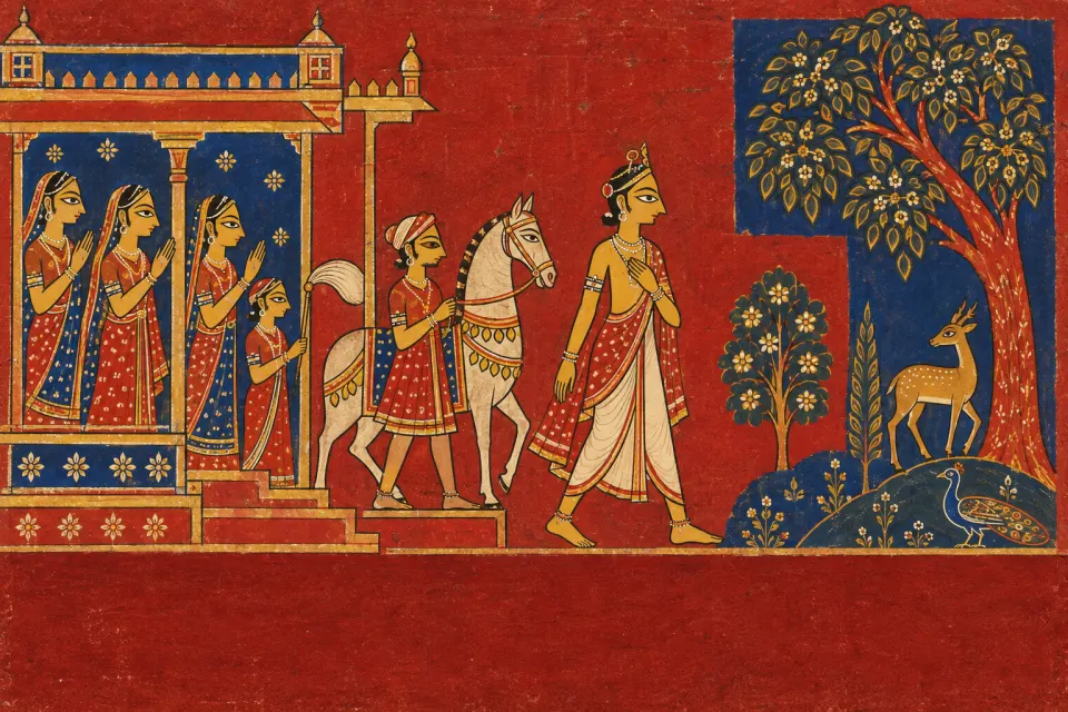 Mahāvīra, a young Kṣatriya prince, leaving his palace for the forest to take up ascetic life, as a 15th-century Jain Kalpasutra folio in red, ultramarine and gold, pale dawn