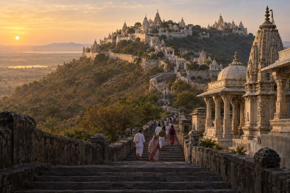 The shrine-covered twin summits of Shatrunjaya above Palitana, Gujarat, a long stone staircase climbing past white temples, pilgrims on the steps, clear dawn light