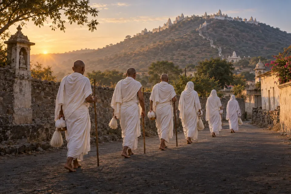 Śvetāmbara monks and nuns in plain white walking barefoot in single file with alms bowls on a village road below Shatrunjaya, Palitana, Gujarat, clear dawn, present day