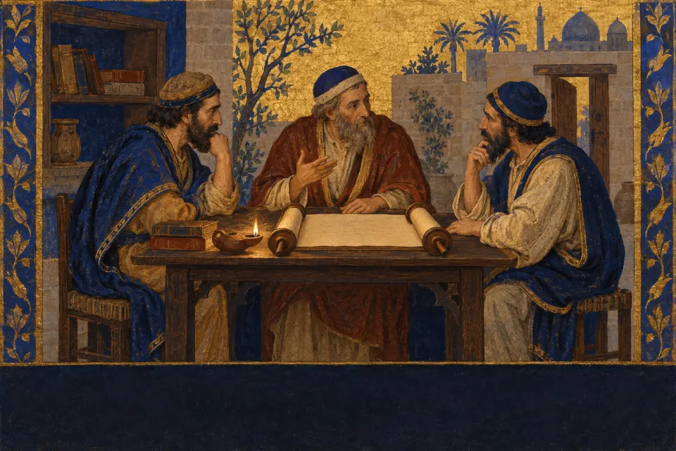 Anan ben David and his first followers reading a Torah scroll by lamplight in an 8th-century Baghdad house, Talmud volumes shelved unopened, as a medieval Hebrew manuscript illumination on gold leaf