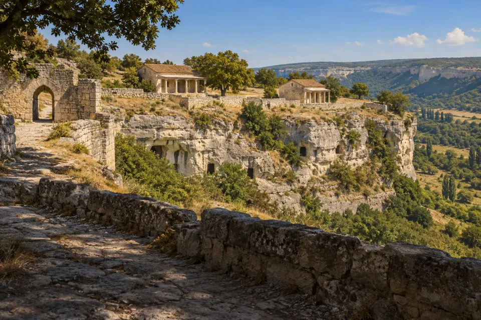Chufut-Kale, the Karaite cave-town fortress on its limestone clifftop near Bakhchysarai, Crimea, walls, gateway and kenesa roofs among oaks, clear late-morning summer light