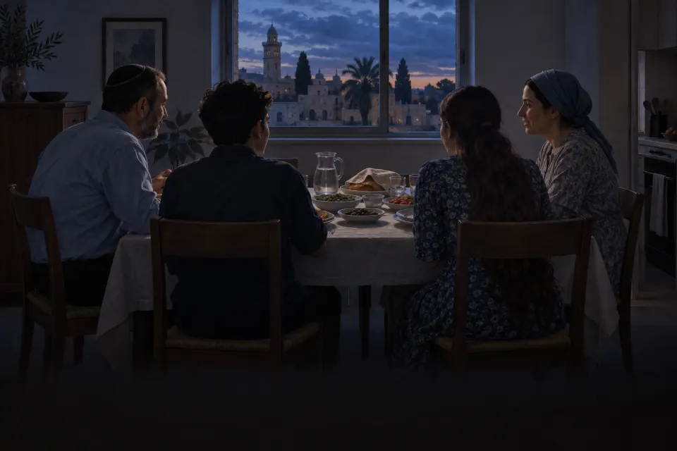 A Karaite family seated at a Friday-night Sabbath table in near darkness in Ramla, no lamp lit, only faint blue dusk from the window, a cold hearth and prepared dishes, present-day dress
