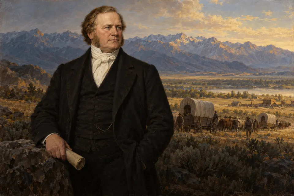 Illustration · AI-generated Brigham Young as a 19th-century American oil portrait, a stocky man in black frock coat and white neckcloth, wagons and the Salt Lake Valley behind him, painted not photographic