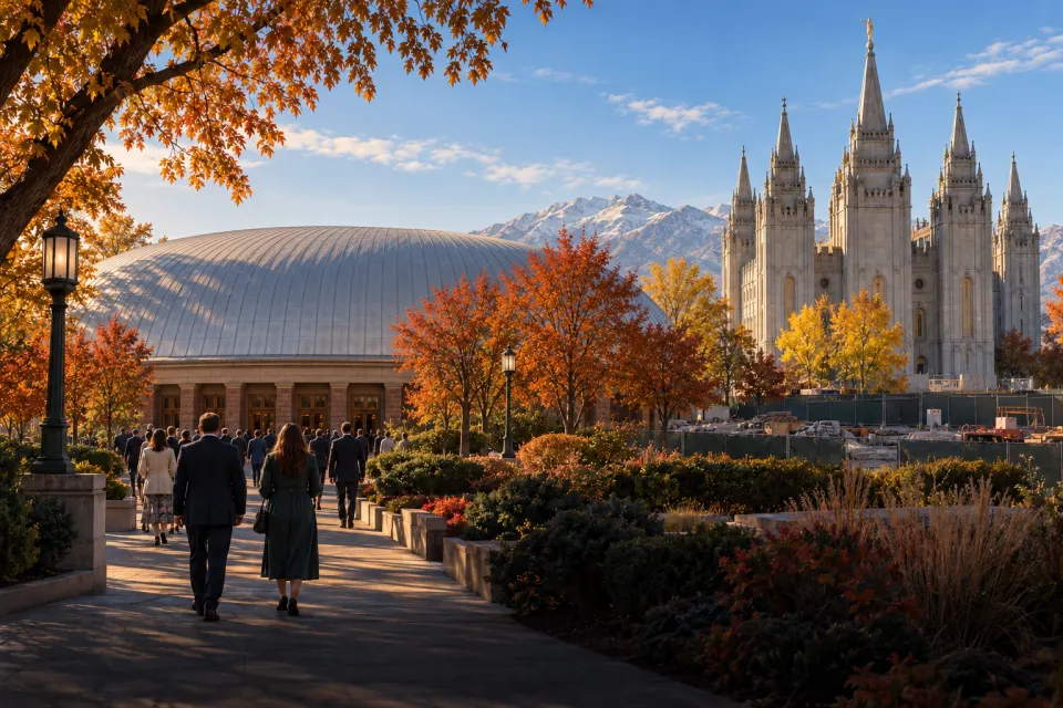 Illustration · AI-generated The domed Tabernacle and Salt Lake Temple on Temple Square in October 2025, members in Sunday dress walking in, seen from behind, crisp autumn morning light