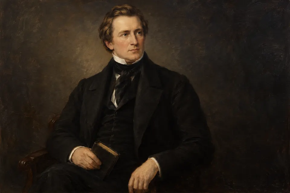 Illustration · AI-generated Joseph Smith as a 19th-century American oil portrait, a young man in dark coat and high white collar holding a book, sober dark background, painted not photographic