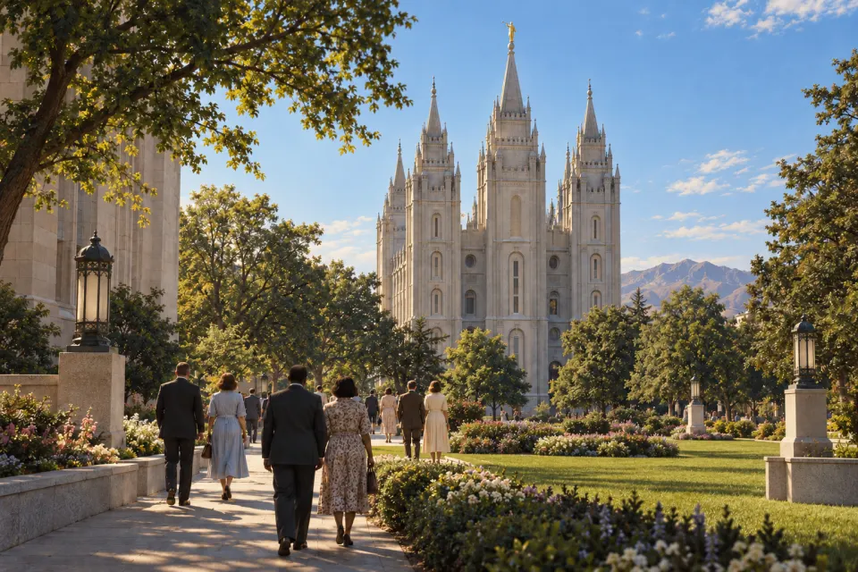 Illustration · AI-generated The granite spires of the Salt Lake Temple on Temple Square in June 1978, Latter-day Saints of every race in 1970s dress walking the paths, seen from behind, clear morning light