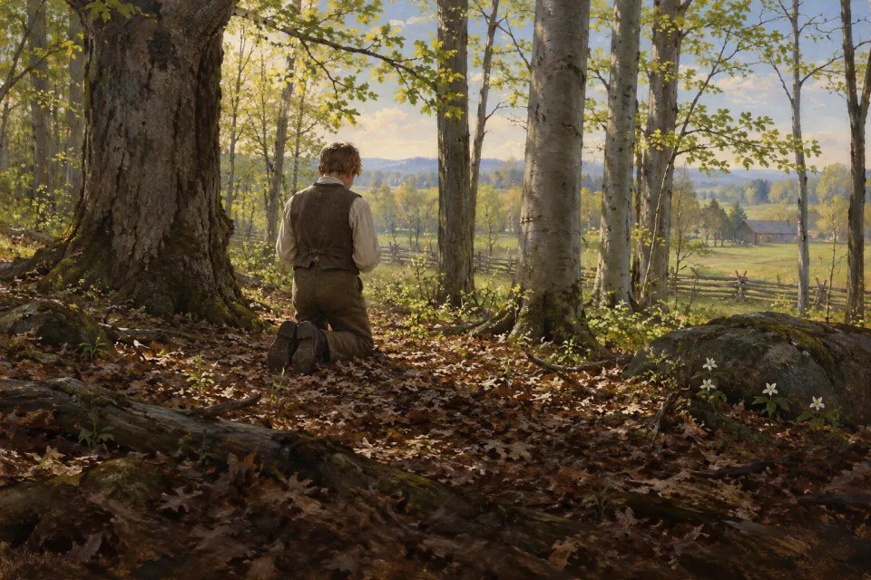 A 14-year-old farm boy in homespun clothes kneeling alone in a maple and beech wood near Palmyra, New York, spring 1820, seen from behind, dappled early morning light through the leaves