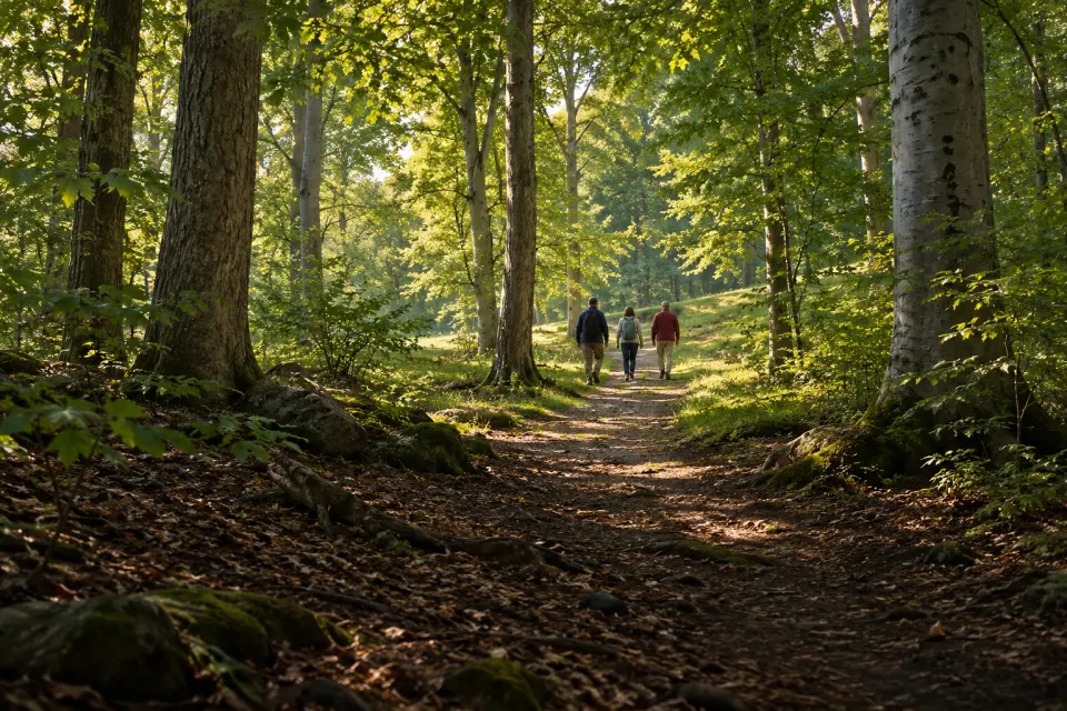 The Sacred Grove near Palmyra, New York today, a mown path winding between tall maples and beeches, a few visitors in modern clothes small in the distance, dappled summer morning light