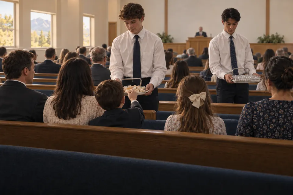 Sacrament meeting in a ward meetinghouse in Utah, young men in white shirts and ties passing trays of bread and water along the pews to families in Sunday dress, plain chapel, soft daylight