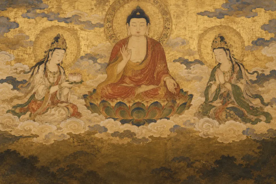 Illustration · AI-generated Amitābha, buddha of immeasurable light, flanked by Avalokiteśvara and Mahāsthāmaprāpta, as a Heian-period Japanese raigō hanging scroll on a gold ground