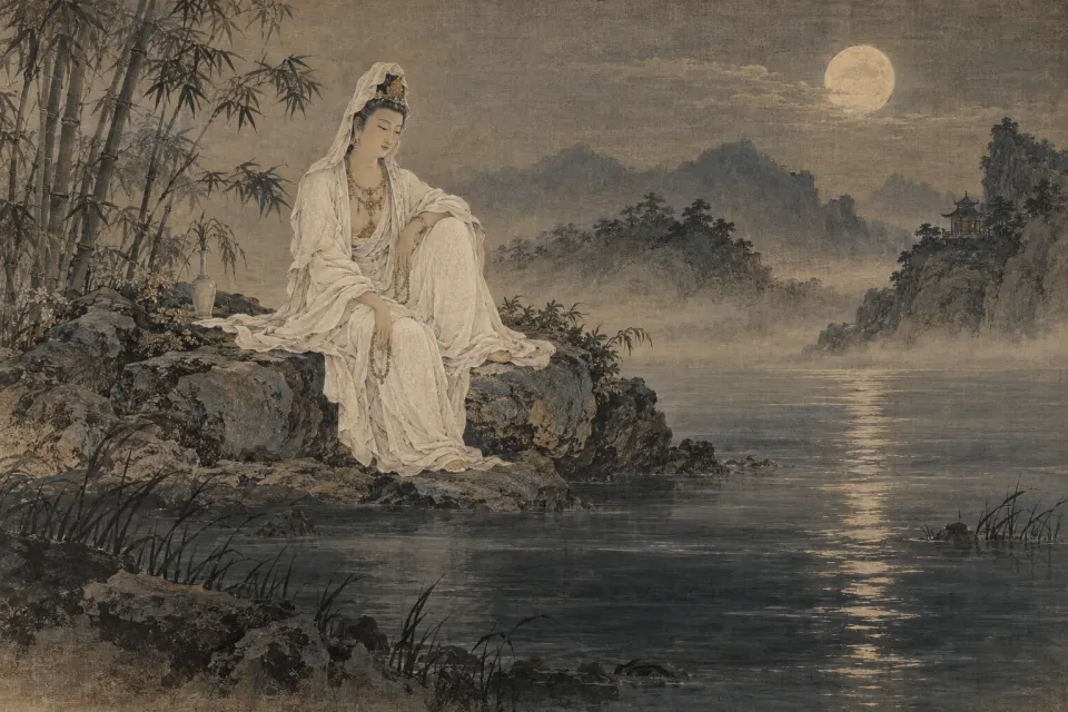 Avalokiteśvara as white-robed Guanyin seated on a rock above water beside moonlit bamboo, as a 12th-century Chinese water-moon painting in soft ink and colour