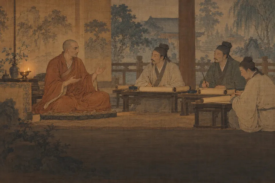 Kumārajīva, a Kuchean-born monk in a monastic robe, seated before Chinese scribes with brushes at Chang'an, as a Song-dynasty Chinese hanging scroll, lamp-lit