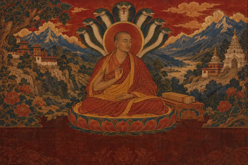 Illustration · AI-generated Nāgārjuna as an Indian monk with a canopy of serpent nāgas and a manuscript, as a Nepalese paubha scroll painting in rich red and gold