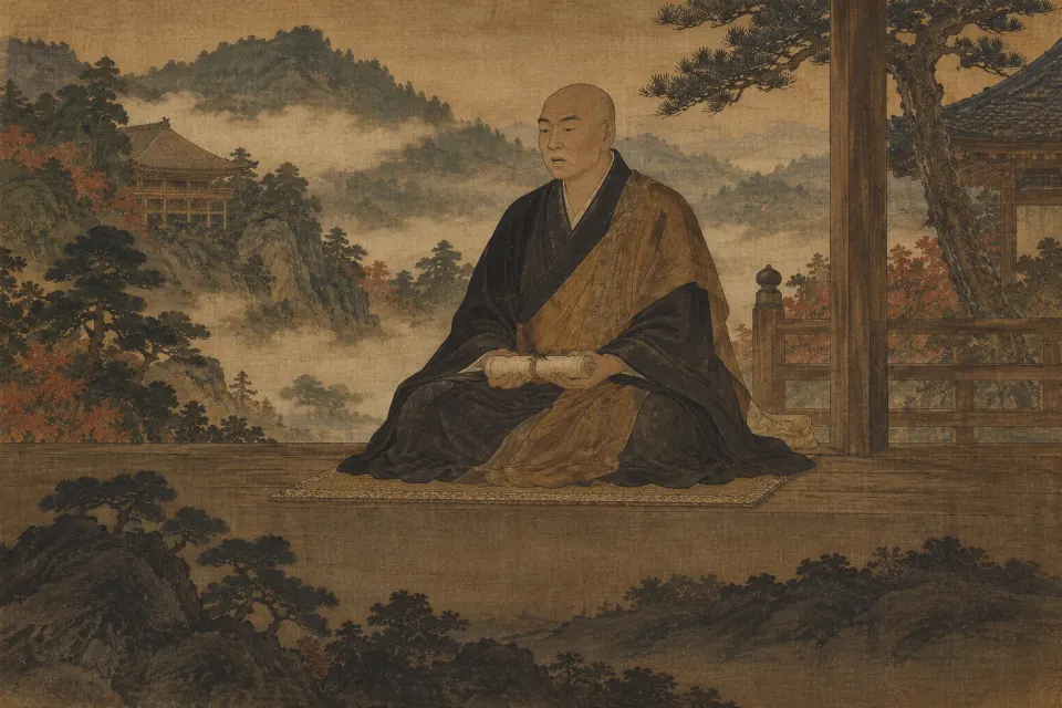 Nichiren, a monk in a plain black robe holding a Lotus Sūtra scroll, mouth open in chant, as a Kamakura-period Japanese hanging scroll before misty hills
