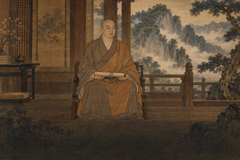 Zhiyi, a Chinese monk with a Lotus Sūtra scroll, seated in a mountain hall on Mount Tiantai, as a Kamakura-period Japanese Tendai patriarch hanging scroll