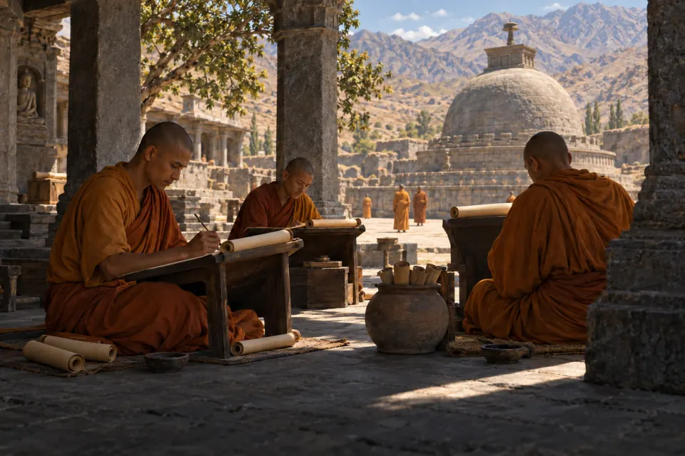 Scholar monks copying a Perfection of Wisdom sūtra onto birch bark in Gāndhārī in a Gandhāran monastery courtyard, c. 1st century CE, hard noon sun on stone