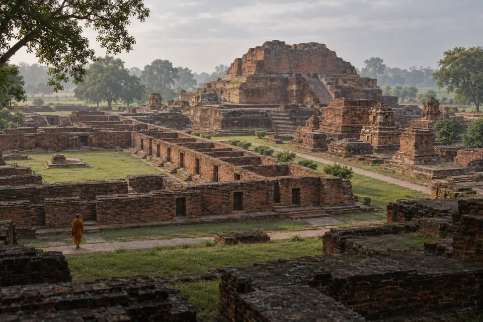 The red-brick ruins of the Nālandā monastery in Bihar, rows of monks' cells and a stupa base on green lawns, a lone pilgrim in ochre, overcast quiet morning haze
