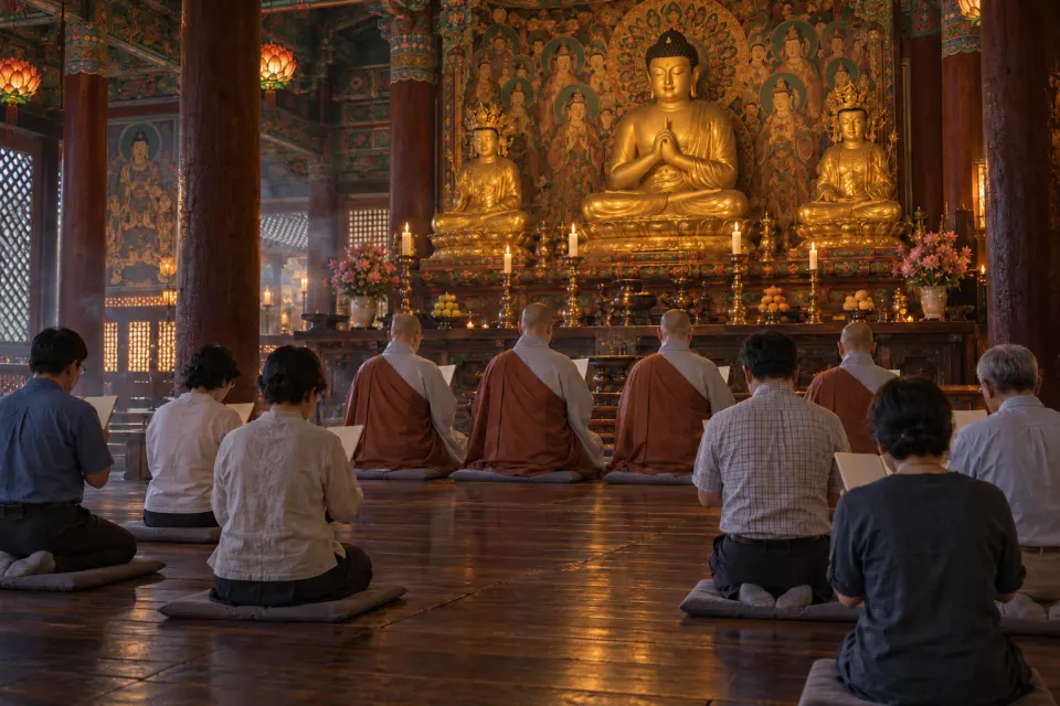 Korean monks and lay worshippers in modern dress chanting the Heart Sūtra together in the main hall of Haeinsa, incense smoke, lamplight on gold