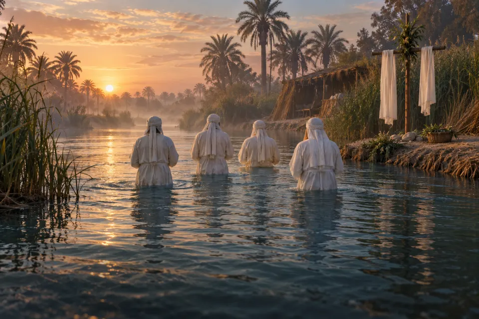 A flowing river in southern Mesopotamia in the 2nd century CE, white-robed Mandaeans seen from behind wading waist-deep, a drabsha banner on the bank, reeds and mist, soft morning light, no faces
