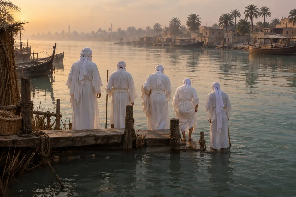 The Shatt al-Arab waterway at Basra, palms on the bank and wooden boats, white-robed Mandaeans on a landing stage seen from behind about to enter the flowing water, hazy morning
