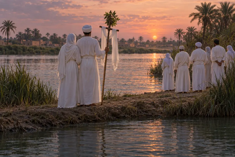 Mandaean families in white robes on the bank of a flowing river in southern Iraq, a young couple seen from behind at the water's edge, a drabsha banner planted beside them, dust-rose dusk