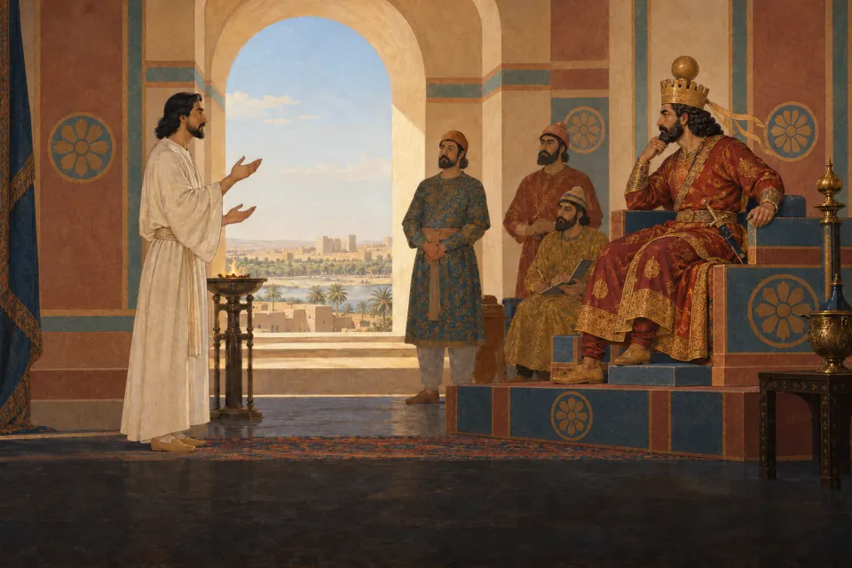 Mani before the Sasanian king Shāpūr I at the court in Ctesiphon, c. 245 CE, a teacher in a plain white robe facing a seated king with a ribboned crown, courtiers in Persian dress, hard noon light through an arch